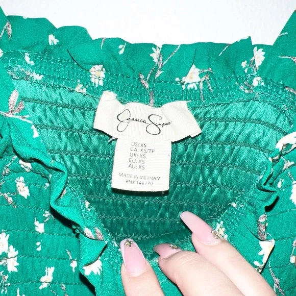 Jessica Simpson green floral smocked lined summer mini dress - Picture 6 of 11